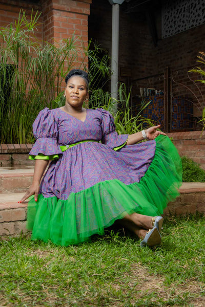 Purple and Lime Shweshwe Dress