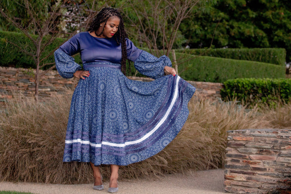 Navy Satin Shweshwe Dress
