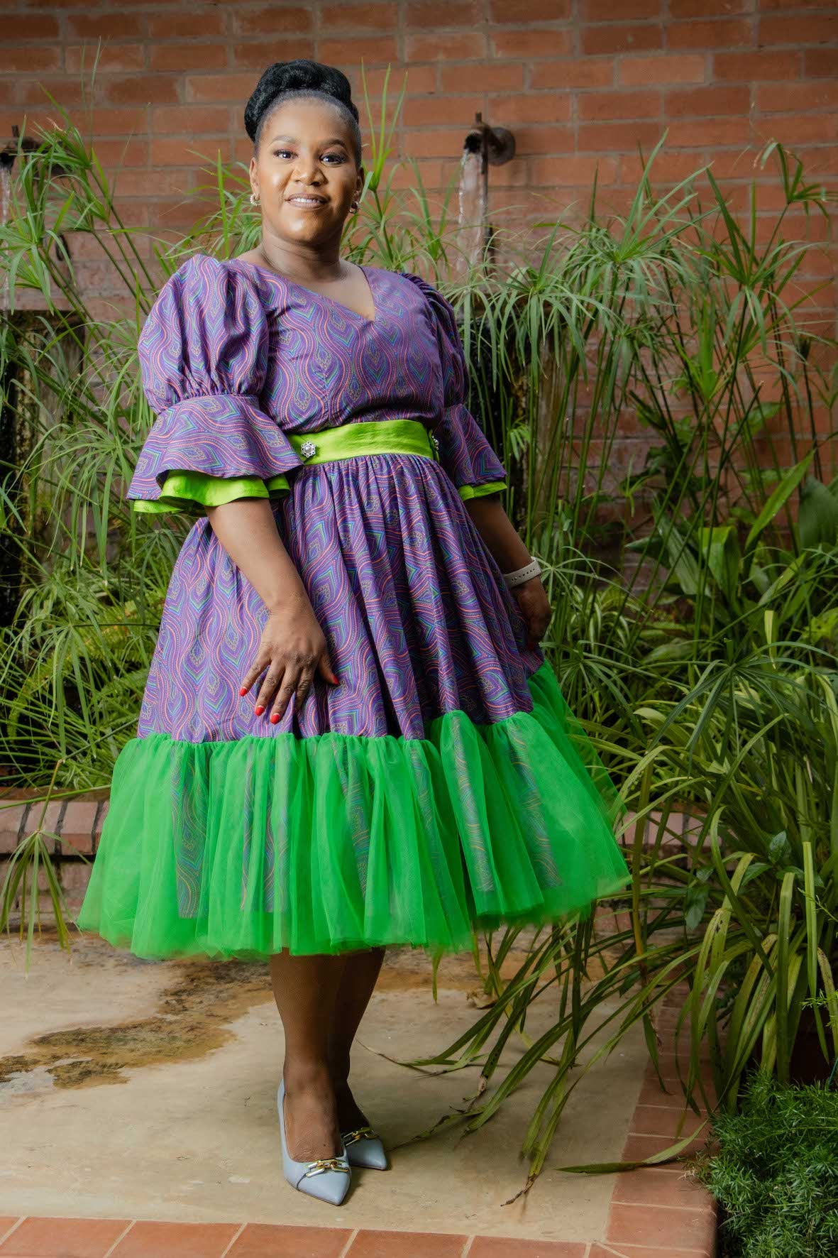 Purple and Lime Shweshwe Dress QhawekaziStyles Purple and Lime Shweshwe Dress QhawekaziStyles