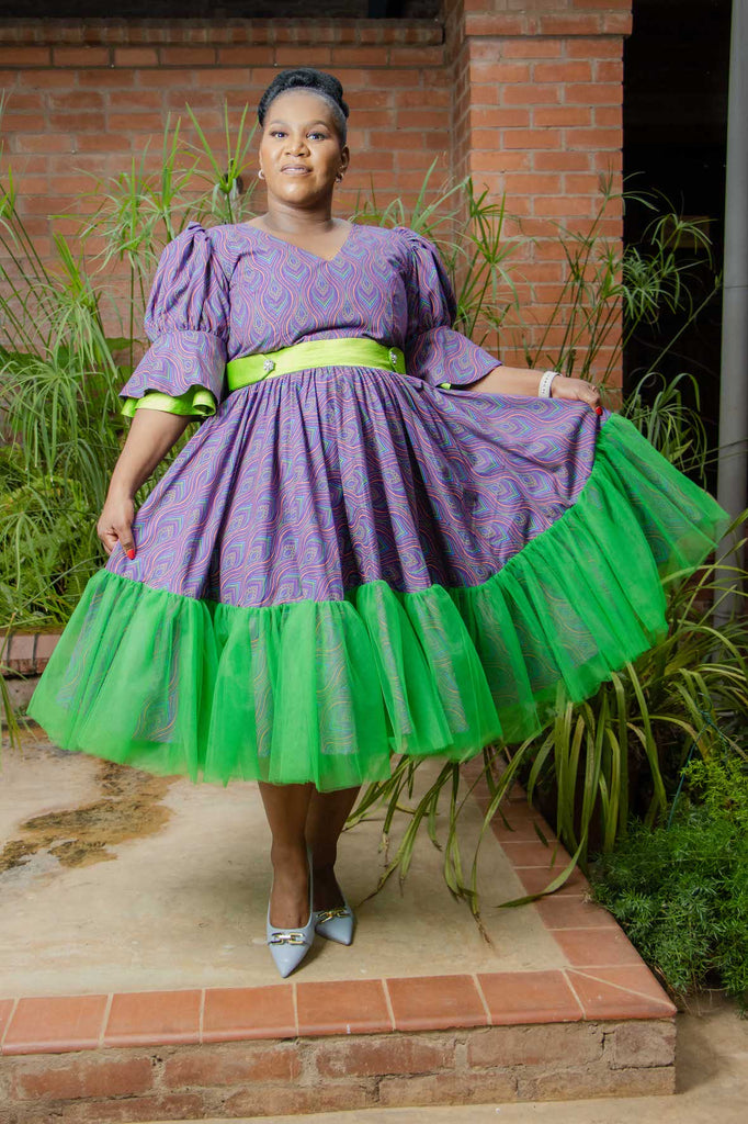 Purple and Lime Shweshwe Dress QhawekaziStyles Purple and Lime Shweshwe Dress QhawekaziStyles
