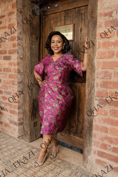 Magenta Wrap Brocade Dress