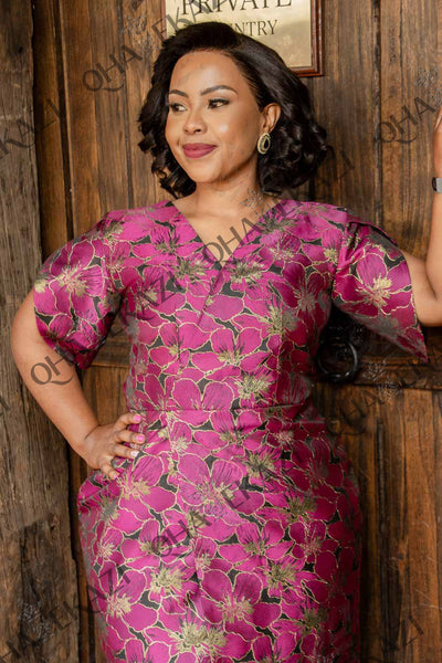 Magenta Wrap Brocade Dress