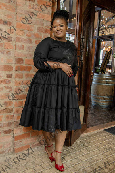 Black Ruched Sleeve Dress
