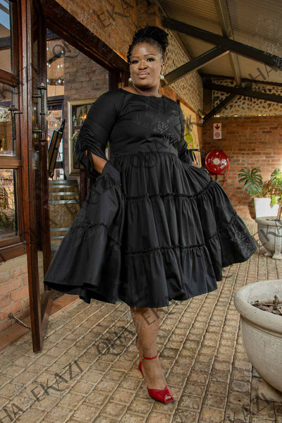 Black Ruched Sleeve Dress