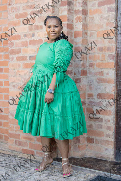 Green Ruched Sleeve Dress