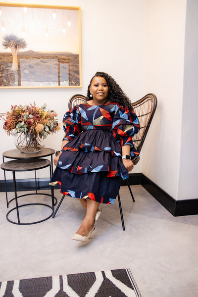 Navy Tiered Ankara Dress