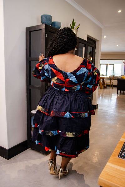 Navy Tiered Ankara Dress