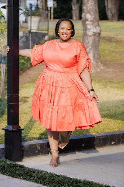 Orange Ruched Sleeve Dress