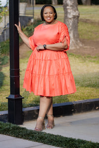 Orange Ruched Sleeve Dress