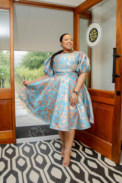 Teal and Gold Midi Dress