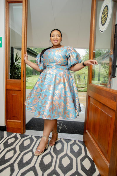 Teal and Gold Midi Dress
